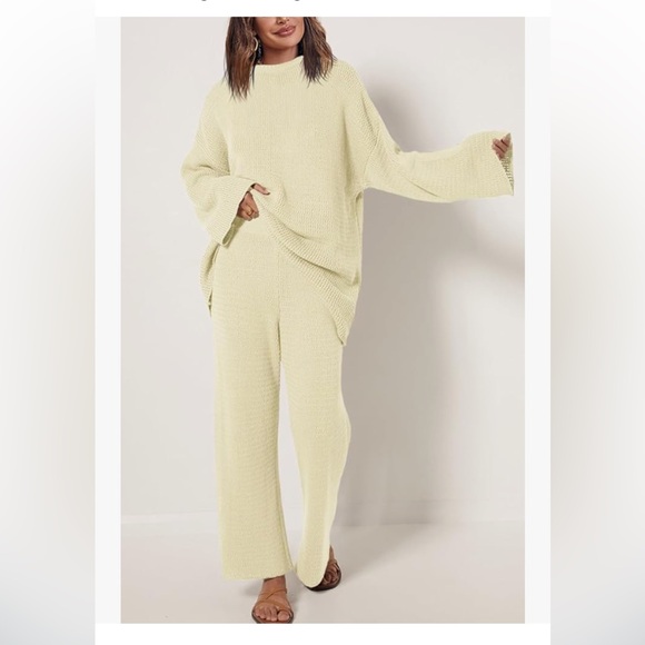 2 Piece Outfit Oversized Knitted Top and Wide Leg Pants Loungewear Sweater Set - Picture 2 of 10